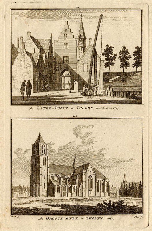 afbeelding van prent De Water-Poort en de Groote Kerk te Tholen van C. Pronk, Spilman (Tholen)