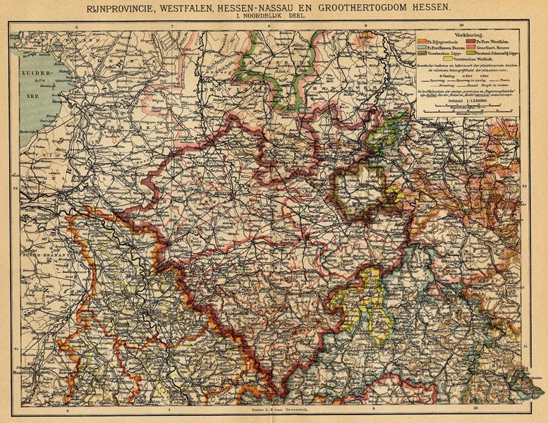 afbeelding van kaart Rijnprovincie, Westfalen, Hessen-Nassau en Groothertogdom Hessen (I. Noordelijk deel) van Winkler Prins