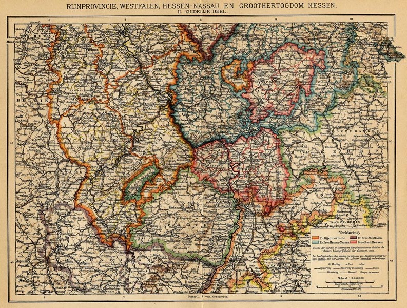 afbeelding van kaart Rijnprovincie, Westfalen, Hessen-Nassau en Groothertogdom Hessen (II. Zuidelijk deel) van Winkler Prins