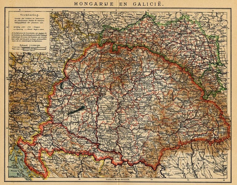 afbeelding van kaart Hongarije en Galicië van Winkler Prins