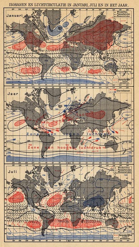 afbeelding van kaart Isobaren en luchtcirculatie in januari, juli en in het jaar van Winkler Prins