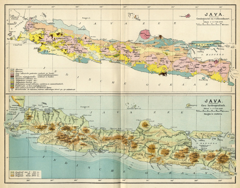 afbeelding van kaart Java Oro-hydrografisch en Geologische en Vulkaankaart van Winkler Prins