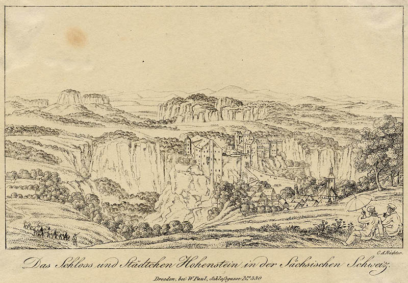 afbeelding van prent Das Schloss und Städtchen Hohenstein in der Sächsischen Schweiz van C.A. Richter (Hohenstein)