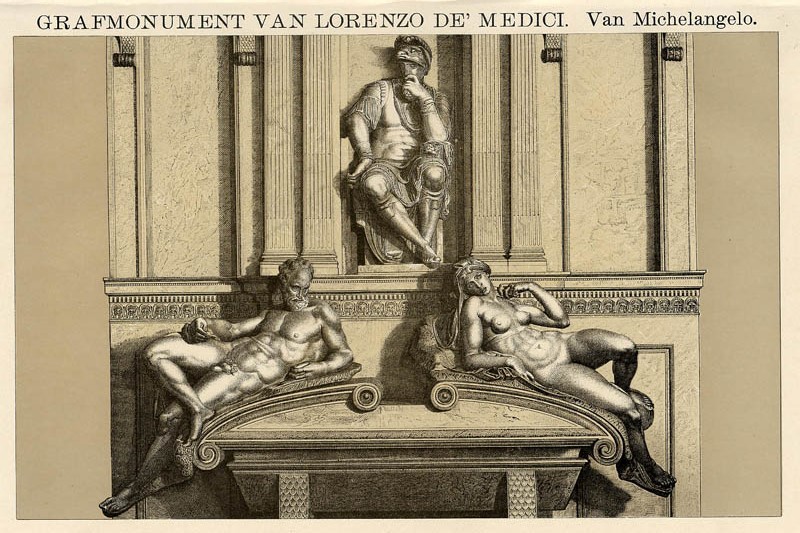 afbeelding van prent Grafmonument van Lorenzo de Medici van Michelangelo van Winkler Prins
