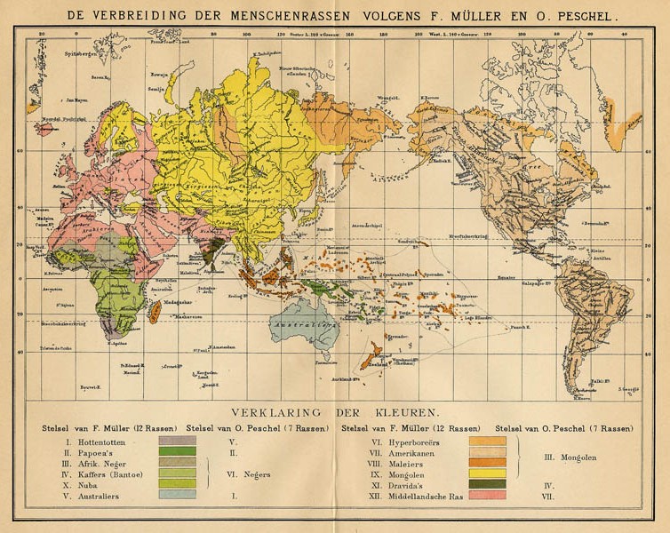 afbeelding van kaart De verbreiding der Menschenrassen volgens F. Müller en O. Peschel van Winkler Prins