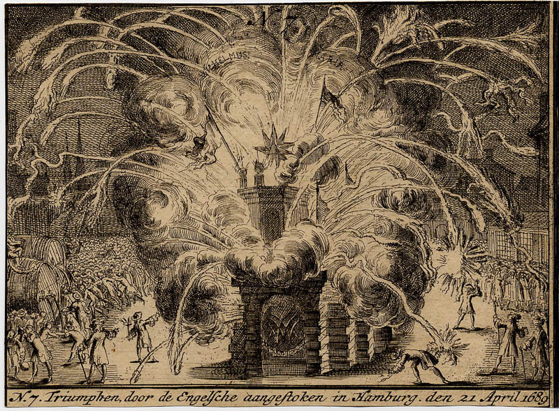 afbeelding van prent N.7. Triumphen, door de Engelsche aangestoken in Hamburg, den 21 April 1689 van Romeyn de Hooghe (Hamburg)