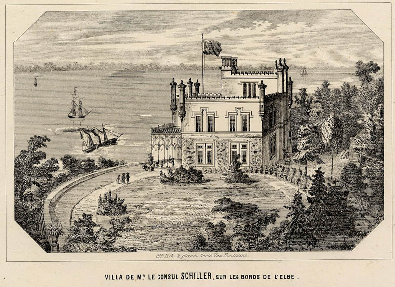 afbeelding van prent Villa de mr. le consul Schiller, sur les bords de l´ELbe van Louis Benoît van Houtte (Hamburg)