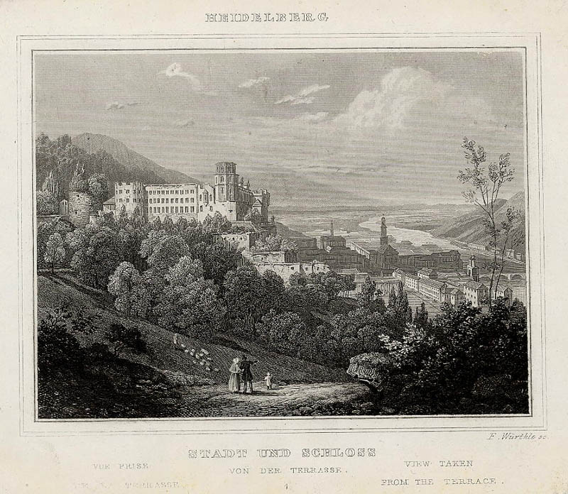 afbeelding van prent Stadt und Schloss Heidelberg, vue prise von der terrasse van F. Würthle, naar C. Frommel (Heidelberg)