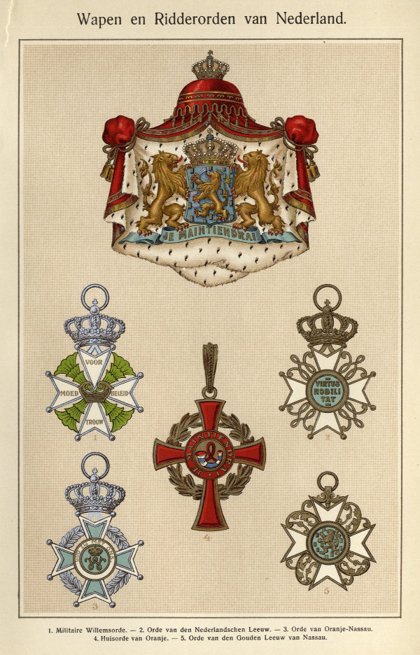 afbeelding van prent Wapen en Ridderorden van Nederland van Winkler Prins