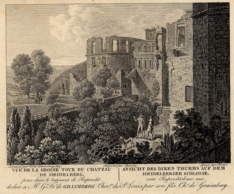 afbeelding van prent Ansicht des diken Thurms auf dem Heidelberger Schlosse.  van Fortier, naar Karl von Graimberg (Heidelberg)