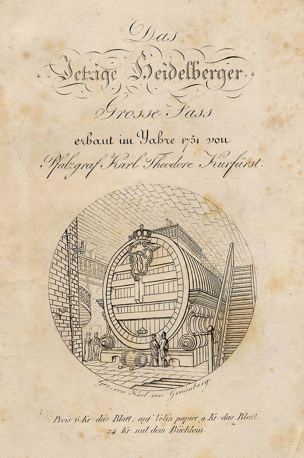 afbeelding van prent Das Jetzige Heidelberger Grosse Fass erbaut im Jahre 1754 von Pfalzgraf Karl Theodore Kurfürst van Karl von Graimberg (Heidelberg)