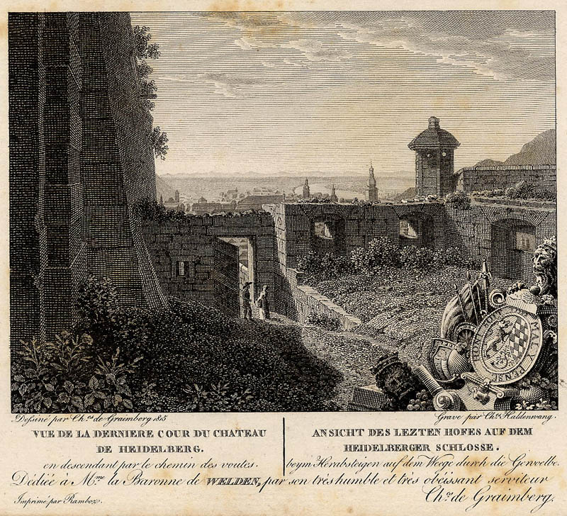 afbeelding van prent Ansicht des Lezten Hofes auf dem Heidelberger Schlosse van Ch. Haldenwang, naar Karl von Graimberg (Heidelberg)