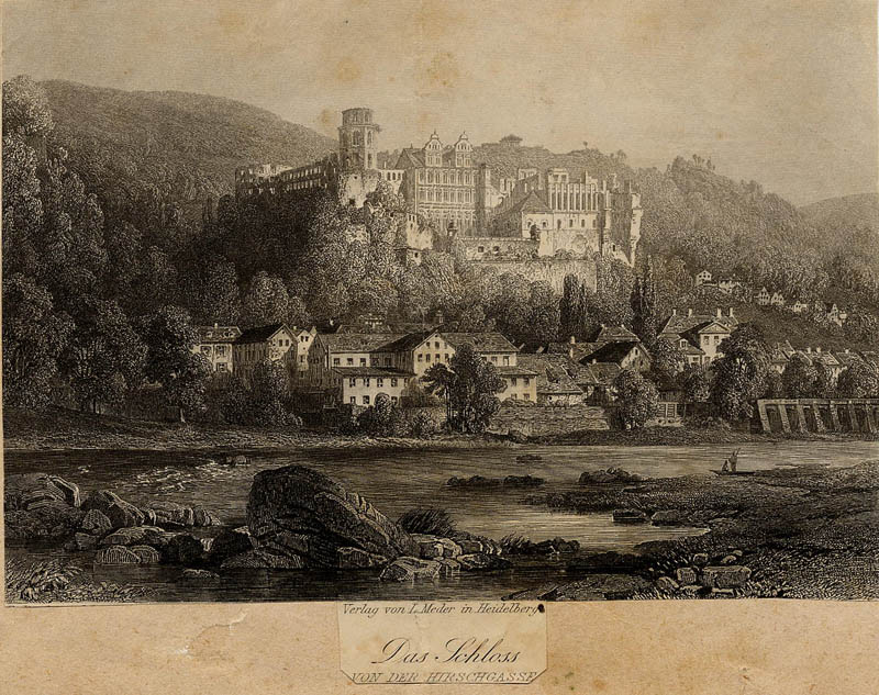 afbeelding van prent Das Schloss von der Hirschgasse van NN (Heidelberg)