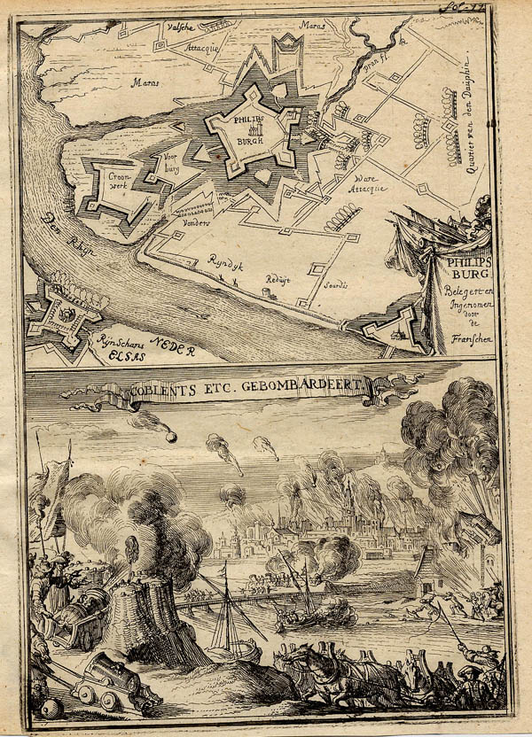 afbeelding van prent Philipsburg, Belegert en Ingenomen door de Franschen; Coblents etc. gebombardeert van NN (Koblenz)