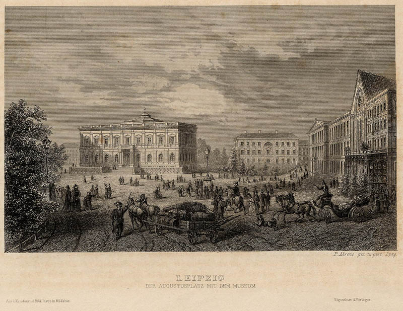 afbeelding van prent Leipzig, der Augustusplatz mit dem Museum van P. Ahrens (Leipzig)