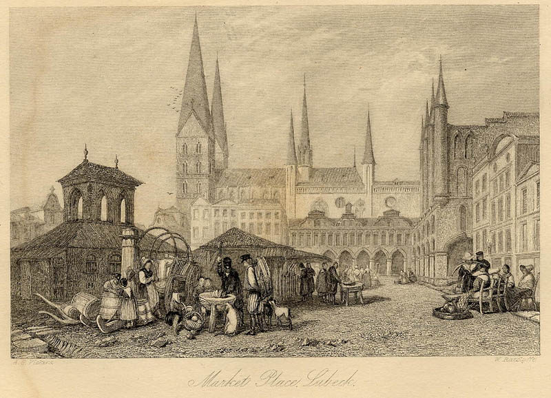 afbeelding van prent Market Place Lübeck van W. Ratclyffe, naar A.G. Vickers (Lübeck)