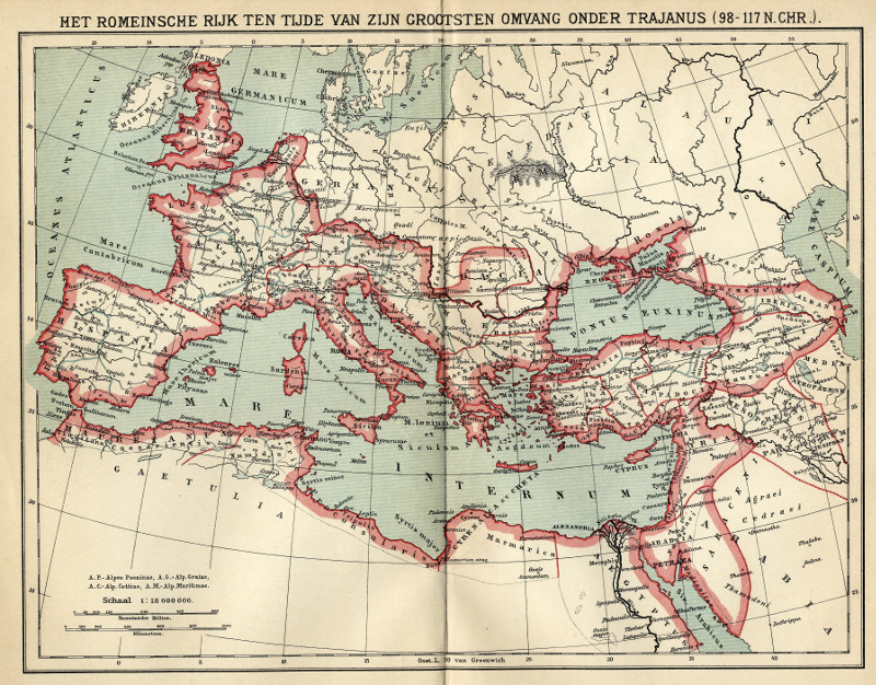 afbeelding van kaart Het Romeinsche rijk ten tijde van zijn Grootsten omvang onder Trajanus (98-117 N.Chr) van Winkler Prins