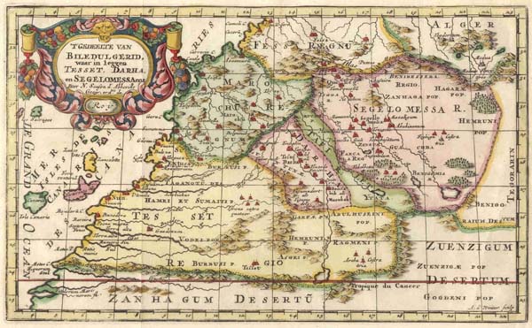 afbeelding van kaart ´T gedeelte van Biledulgerid, waar in leggen tesset, Darha en Segelomessa enz van Nicolaas Sanson