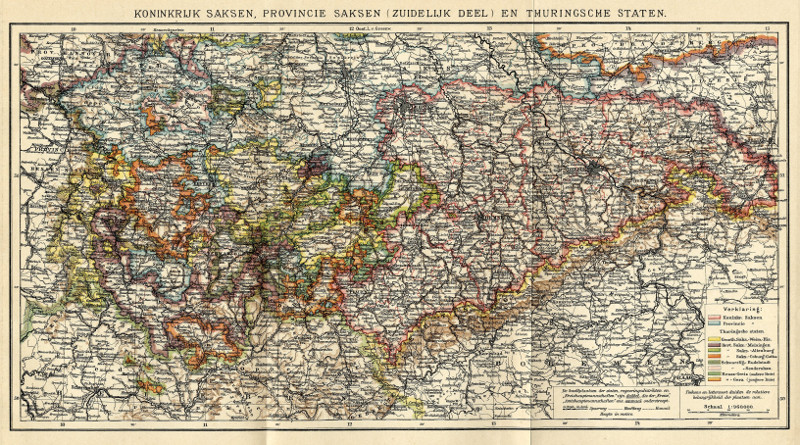 afbeelding van kaart Koninkrijk Saksen, Provincie Saksen (Zuidelijk deel) en Thuringsche staten van Winkler Prins