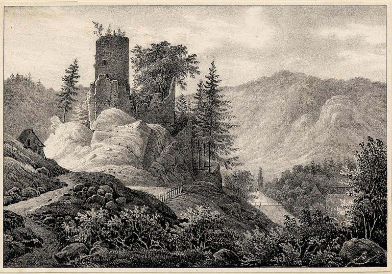afbeelding van prent Lauterstein / Sachsen Ruinen des Schlosses Lauterstein  van E. Sommer (Lauterstein)