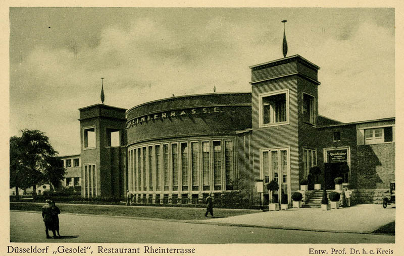 afbeelding van prent Düsseldorf "Gesolei", Restaurant Rheinterrasse van nn (Düsseldorf)