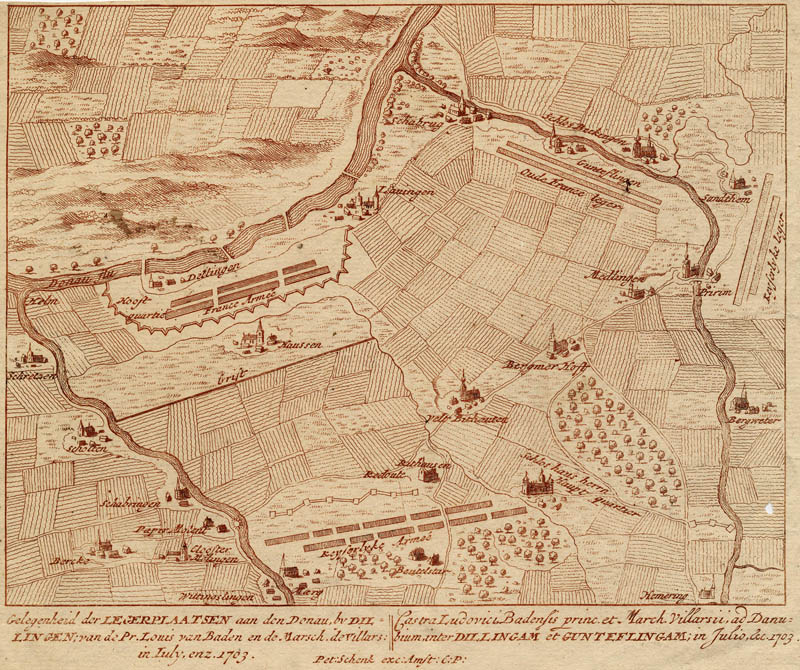 afbeelding van plattegrond Gelegenheid der legerplaatsen aan den Donau, bij Dillingen van Petrus Schenk (Dillingen)