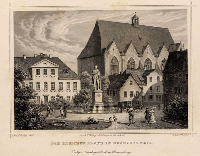 afbeelding van prent Der Lessing´s Platz in Braunschweig van G. Heisinger naar Emil Schulz (Braunschweig)