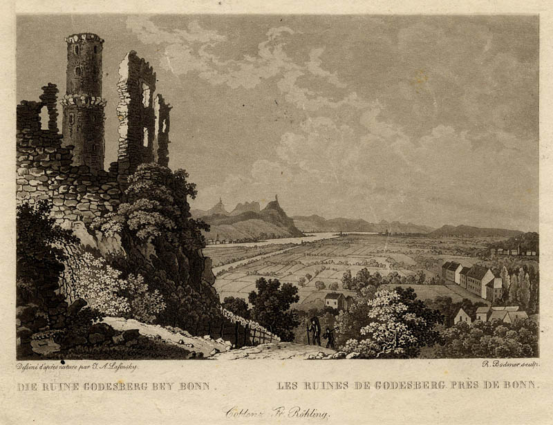 afbeelding van prent Die Ruine Godesberg bey Bonn van R. Bodmer naar I.A. Lafinsky (Bad Godesberg)