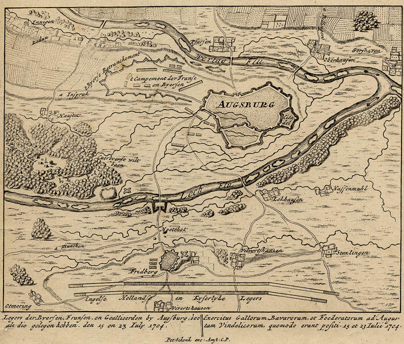 afbeelding van plattegrond Legers der Byersen, Fransen, en Geallieerden bj Augsburg van Petrus Schenk (Augsburg)