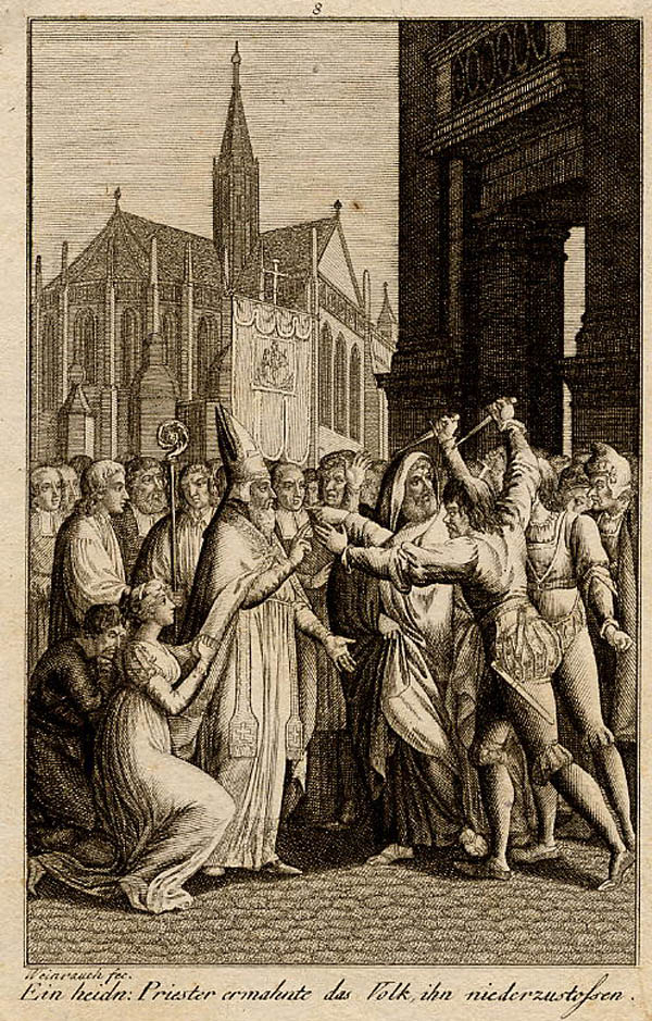 afbeelding van prent Ein Heidn: Priester ermahnte das Volk, ihn niederzustossen van Johann Caspar Weinrauch