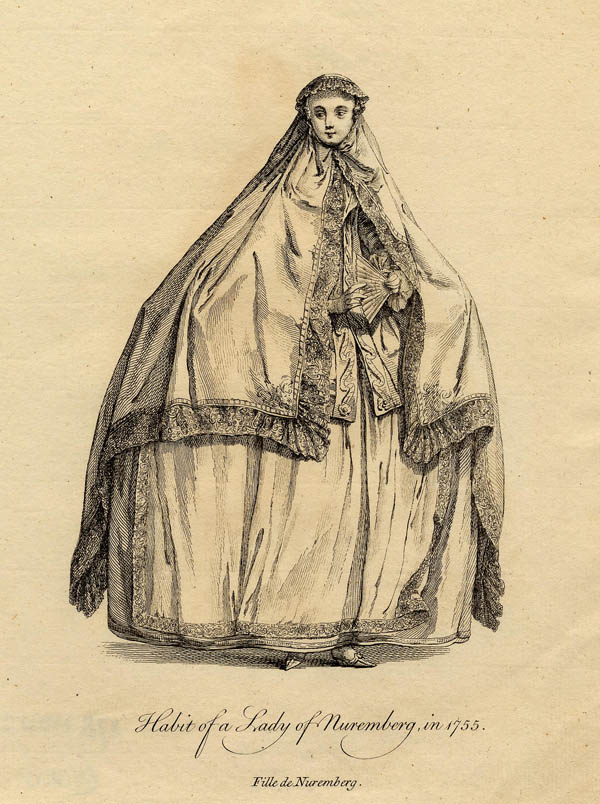 afbeelding van prent Habit of a Lady of Nuremberg, in 1755. Fille de Nuremberg van John Miller