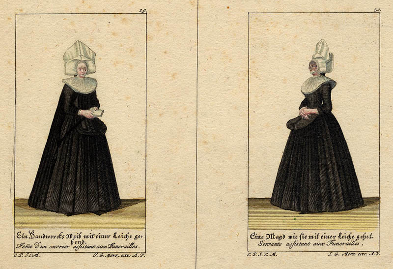 afbeelding van prent Ein Handwercks Weib mit einer Leiche Gehend/ Eine Magd wie sie  mit einer Leiche Gehet.  van Johann Georg Merz