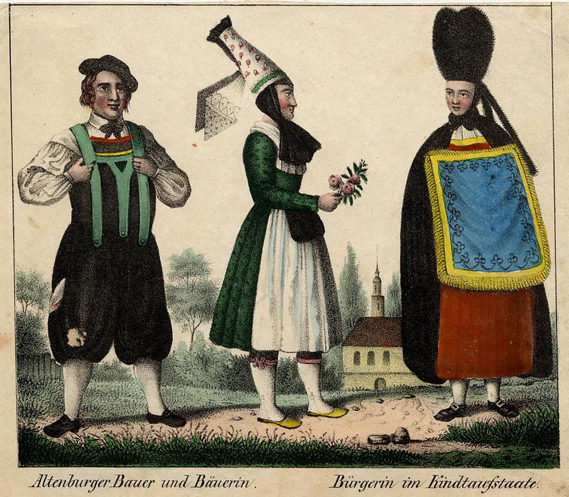 afbeelding van prent Altenburger Bauer und Bäuerin. Bürgerin im Kindtaufstaate. van Friedrich Wilhelm Goedsche