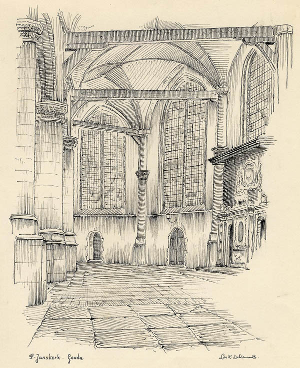 afbeelding van prent St. Janskerk Gouda van Leo K. Zeldenrust (Gouda)