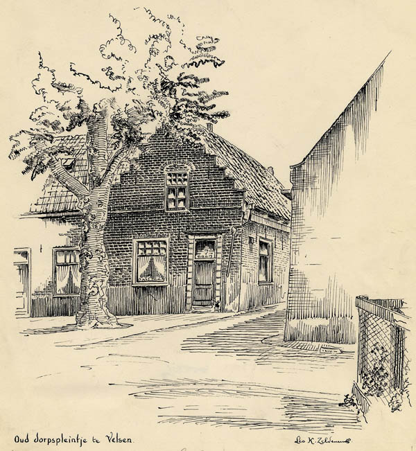afbeelding van prent Oud dorpspleintje te Velsen van Leo K. Zeldenrust (Velsen)