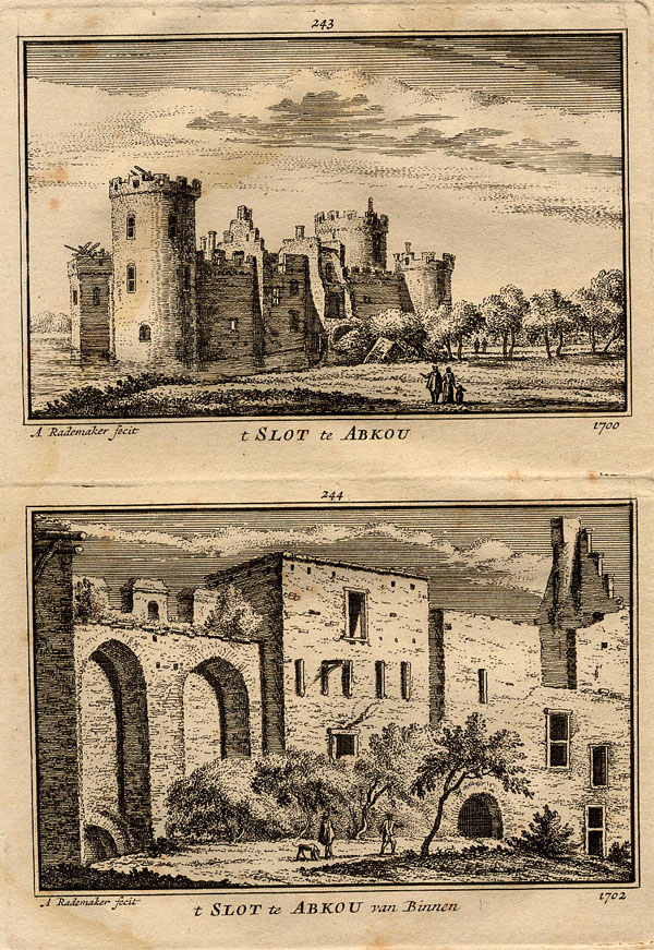 afbeelding van prent t Slot te Abkou, 1700,  t slot te Abkou van binnen, 1702 van Abraham Rademaker (Abcoude)
