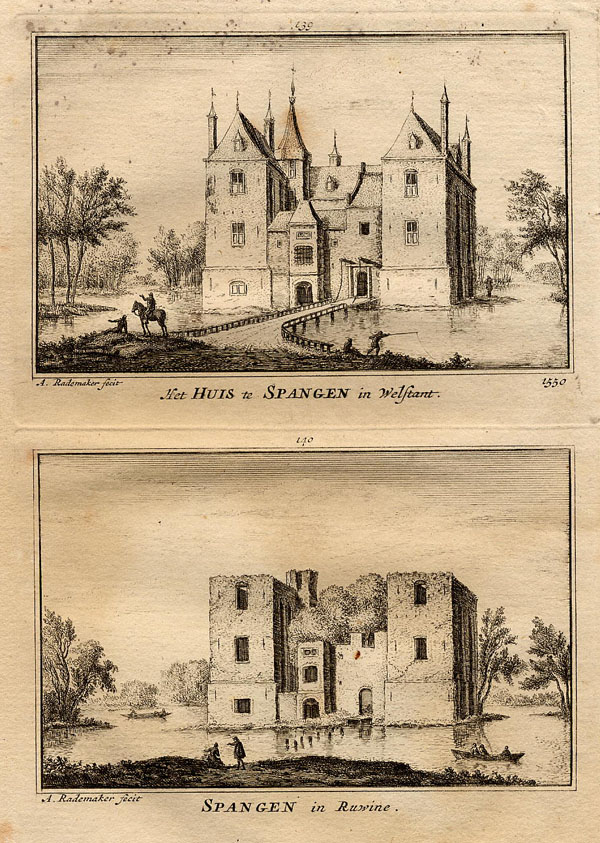 afbeelding van prent Het Huis te Spangen in Welstant, 1550, Spangen in Ruwine van Abraham Rademaker (Overschie, Rotterdam)