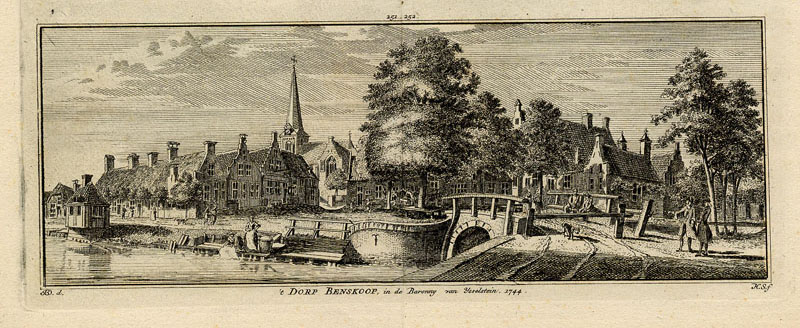 afbeelding van prent ´t Dorp Benskoop, in de Baronny van IJsselstein, 1744 van Hendrik Spilman, naar Jan de Beyer (Benschop)