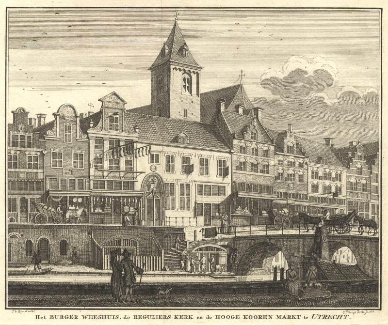 afbeelding van prent Het Burger Weeshuis, de Reguliers Kerk en de Hooge Kooren markt te Utrecht van Caspar Jacobs Philips, naar Jan de Beijer (Utrecht)