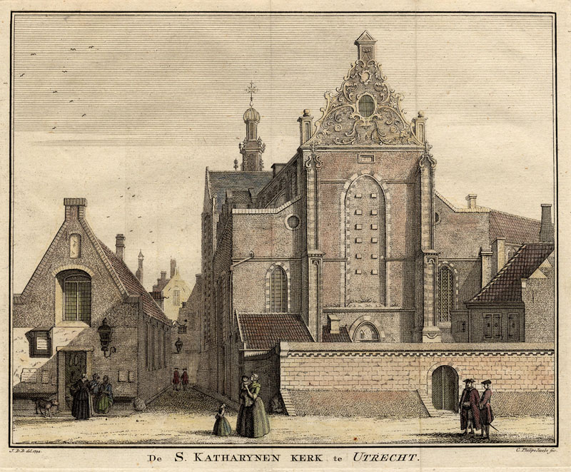 afbeelding van prent De S. Katharynen kerk te Utrecht van Caspar Jacobs Philips, naar Jan de Beijer (Utrecht)