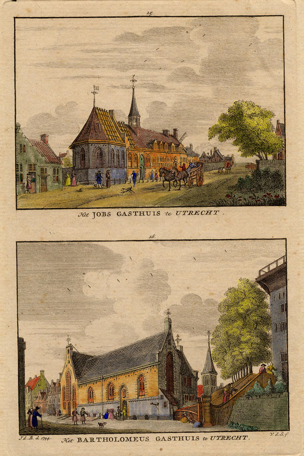 afbeelding van prent Het Jobs Gasthuis, het Bartholomeus Gasthuis te Utrecht van Jacobus van der Spijk, naar Jan de Beijer. (Utrecht)
