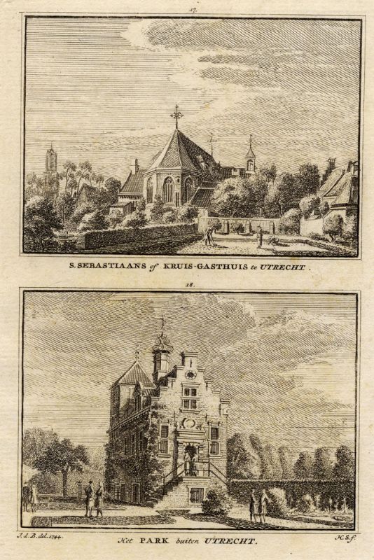 afbeelding van prent S.Sebastiaans of Kruis-gasthuis te Utrecht, Het Park buiten Utrecht. van Hendrik Spilman, naar Jan de Beyer (Utrecht)