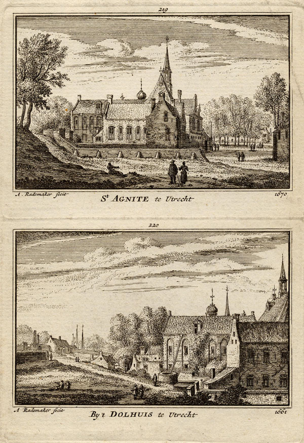 afbeelding van prent St. Agnite te Utrecht,1670,  Bij ´t Dolhuis te Utrecht, 1661 van Abraham Rademaker (Utrecht)