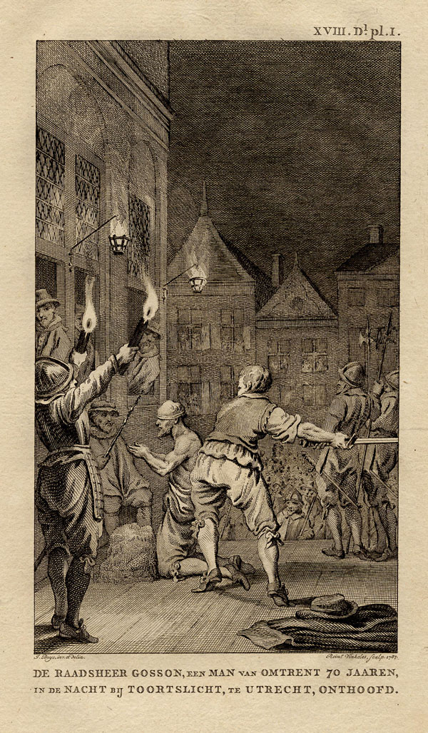 afbeelding van prent De raadsheer Gosson, een man van omtrent 70 jaaren, in de nacht bij toortslicht, te Utrecht, onthoof van Reint Vinkeles, naar Jacobus Buys (Politici,)