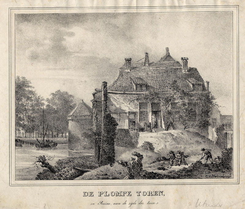 afbeelding van prent De Plompe Toren, in Ruine, aan de zijde der tuin van Cornelis van Hardenbergh (Utrecht)