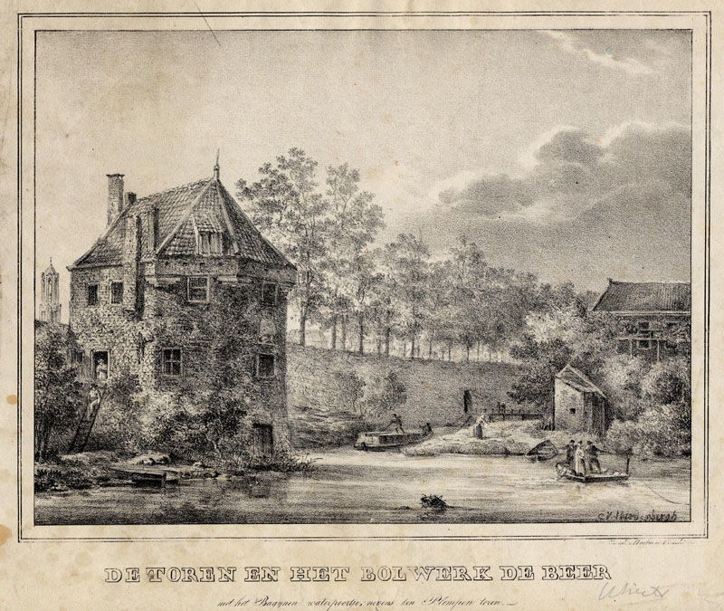 afbeelding van prent De toren en het bolwerk De Beer, met het Bagijnen waterpoortje, nevens den Plompen toren. van Cornelis van Hardenbergh (Utrecht)