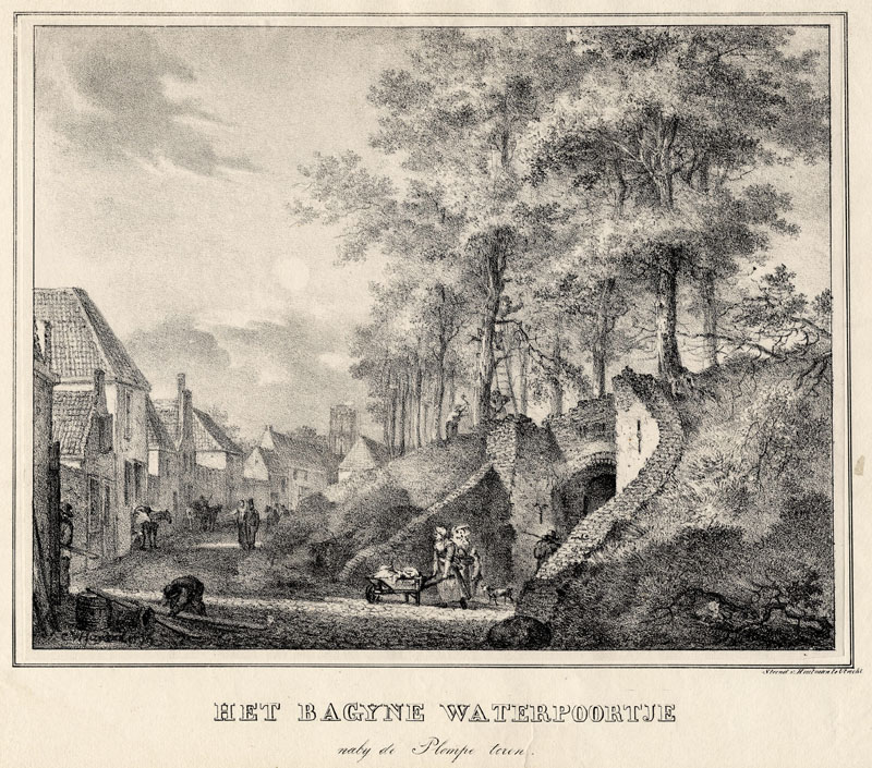 afbeelding van prent Het Bagyne Waterpoortje nabij de Plomple toren van Cornelis van Hardenbergh (Utrecht)