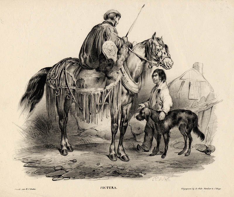 afbeelding van prent Paard met ruiter en jongen met hond van H.J. Backer naar C.C.A. Last (Paard)