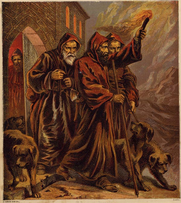 afbeelding van prent Sint Bernard en honden van nn (Hond)