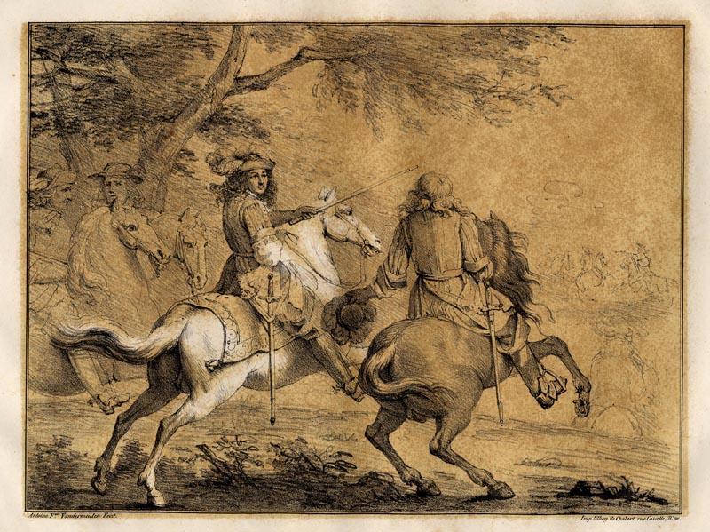 afbeelding van prent Ruiters te paard van naar Adam Frans van der Meulen (Antoine Francois Vandermeulen)  (Paard)